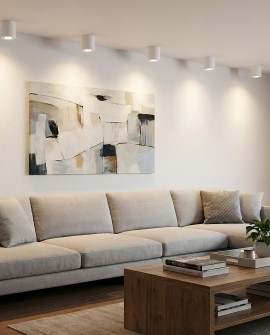 biała lampa sufitowa natynkowa typu spot do nowoczesnego salonu podkreślająca ścianę i strefę wypoczynku TIGO W1 lampit