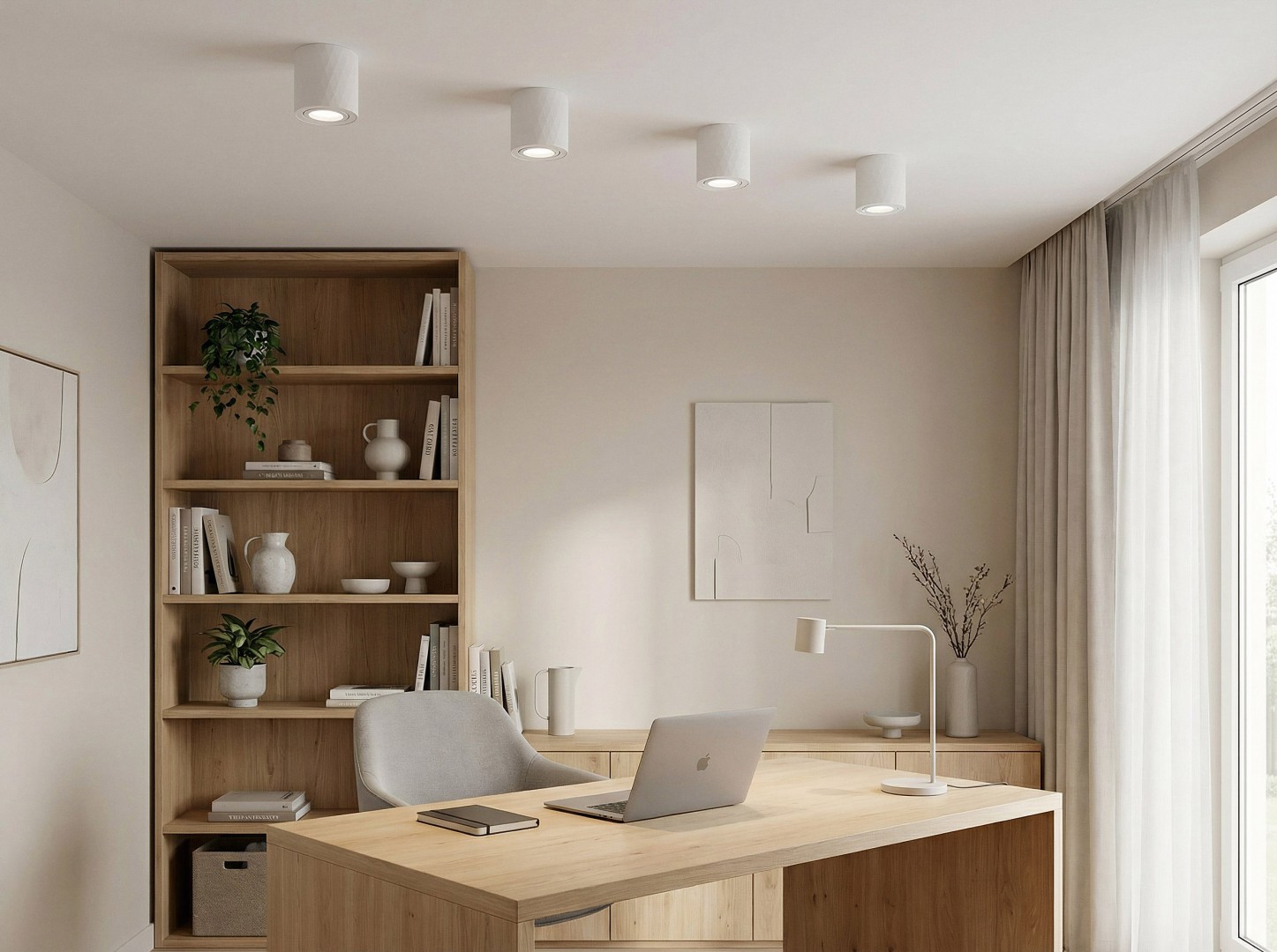 białe lampy sufitowe LED w nowoczesnym salonie z szaro-beżową sofą i drewnianym stolikiem