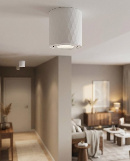 designerska lampa sufitowa natynkowa spot tuba biała podkreślająca aranżację salonu TIGO W1 marki lampit