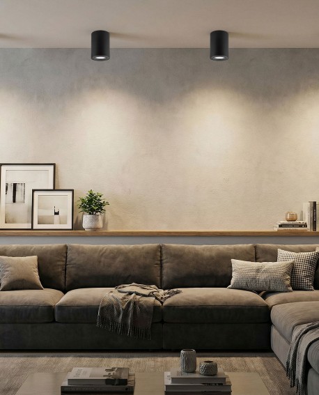 czarne lampy sufitowe natynkowe spot tuba oświetlające salon aranżacja wnętrza z sofą producent Lampit model Nati W1