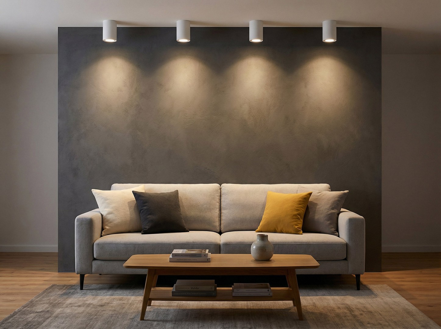 białe lampy sufitowe natynkowe spot tuba oświetlające salon nad sofą z wykorzystaniem modelu Nati W1 od producenta Lampit