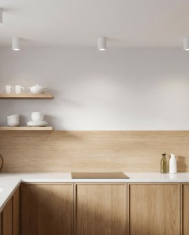 punktowe oświetlenie sufitowe w formie białych tub montowanych natynkowo we wnętrzu z aranżacją lamp Nati W1 marki Lampit