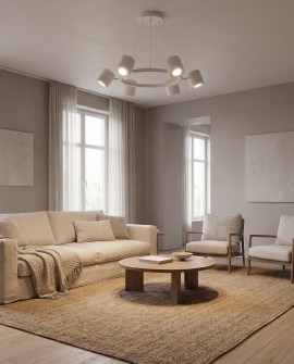 biała lampa wisząca typu żyrandol z sześcioma spotami nad strefą wypoczynku w salonie model Bolt W6 od producenta Lampit