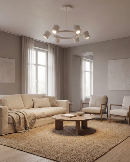 biała lampa wisząca typu żyrandol z sześcioma spotami nad strefą wypoczynku w salonie model Bolt W6 od producenta Lampit