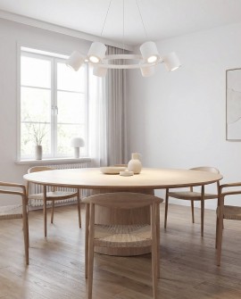 nowoczesna lampa wisząca sufitowa z regulowanymi reflektorami oświetlająca jadalnie w jasnej aranżacji Bolt W6 marki Lampit