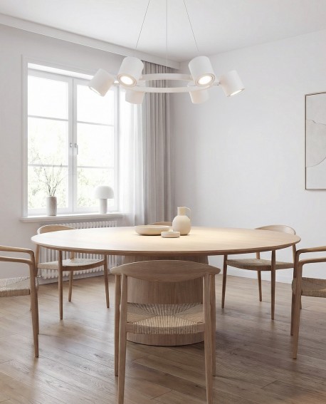 nowoczesna lampa wisząca sufitowa z regulowanymi reflektorami oświetlająca jadalnie w jasnej aranżacji Bolt W6 marki Lampit