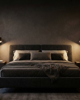 czarne kinkiety ścienne nowoczesne oświetlające łóżko w sypialni z nastrojowym światłem model NEO PRO od producenta Lampit