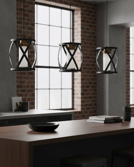 industrialna lampa wisząca loft w czerni z mosiężnym akcentem oświetla kuchenną wyspę w stylu loftowym Astila W1 marki Lumina De