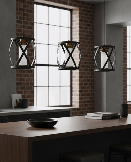 industrialna lampa wisząca loft w czerni z mosiężnym akcentem oświetla kuchenną wyspę w stylu loftowym Astila W1 marki Lumina De