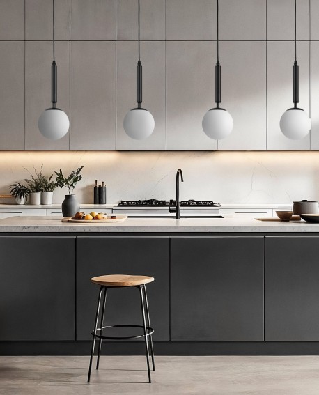 zbliżenie na czarną lampę wiszącą z cylindrycznym elementem zawieszenia i minimalistycznym wykończeniem model Ledo W1