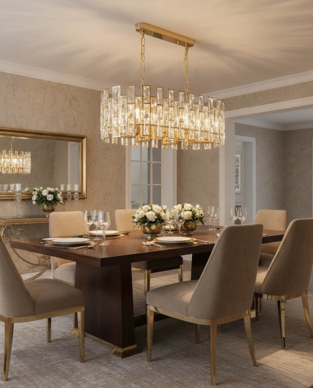 nowoczesny żyrandol kryształowy złoty nad stołem w jadalni eleganckie oświetlenie wnętrza Fiorina D70 Pro od LuminaDeco