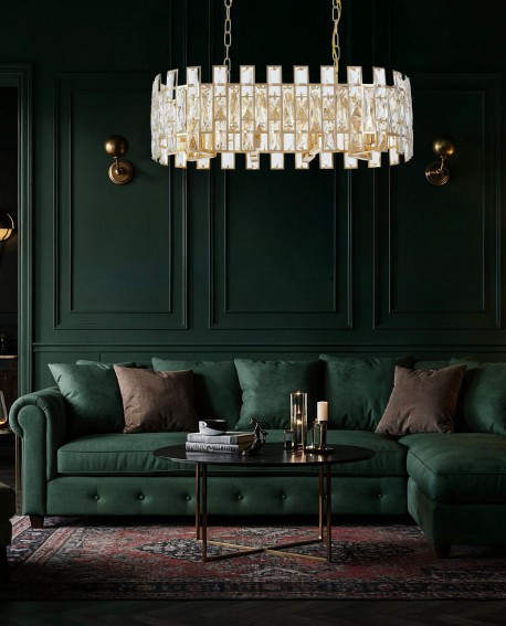 złoty żyrandol kryształowy do salonu z dekoracyjnymi kryształami luksusowa lampa wisząca Fiorina D70 Pro marki LuminaDeco