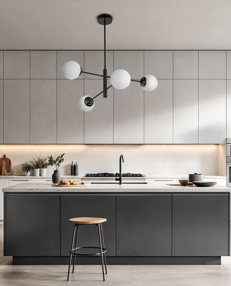 czarna lampa wisząca sufitowa z białymi kulami aranżacja nowoczesnej kuchni Lampit kolekcja Fino W4