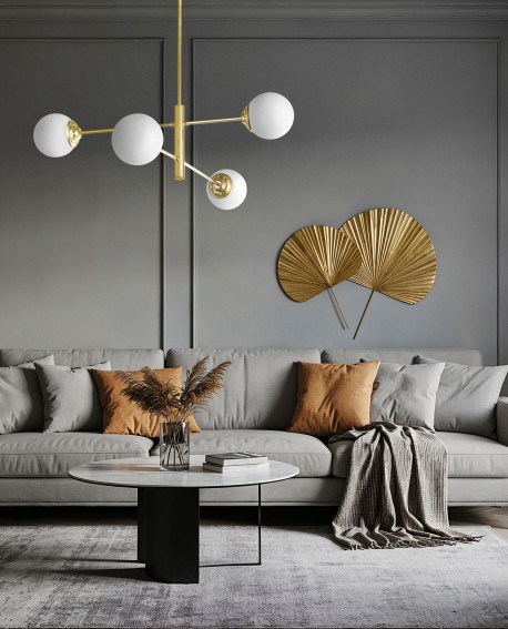 złota lampa wisząca sufitowa z białymi kulami subtelne światło do strefy wypoczynku producent Lampit model Fino W4