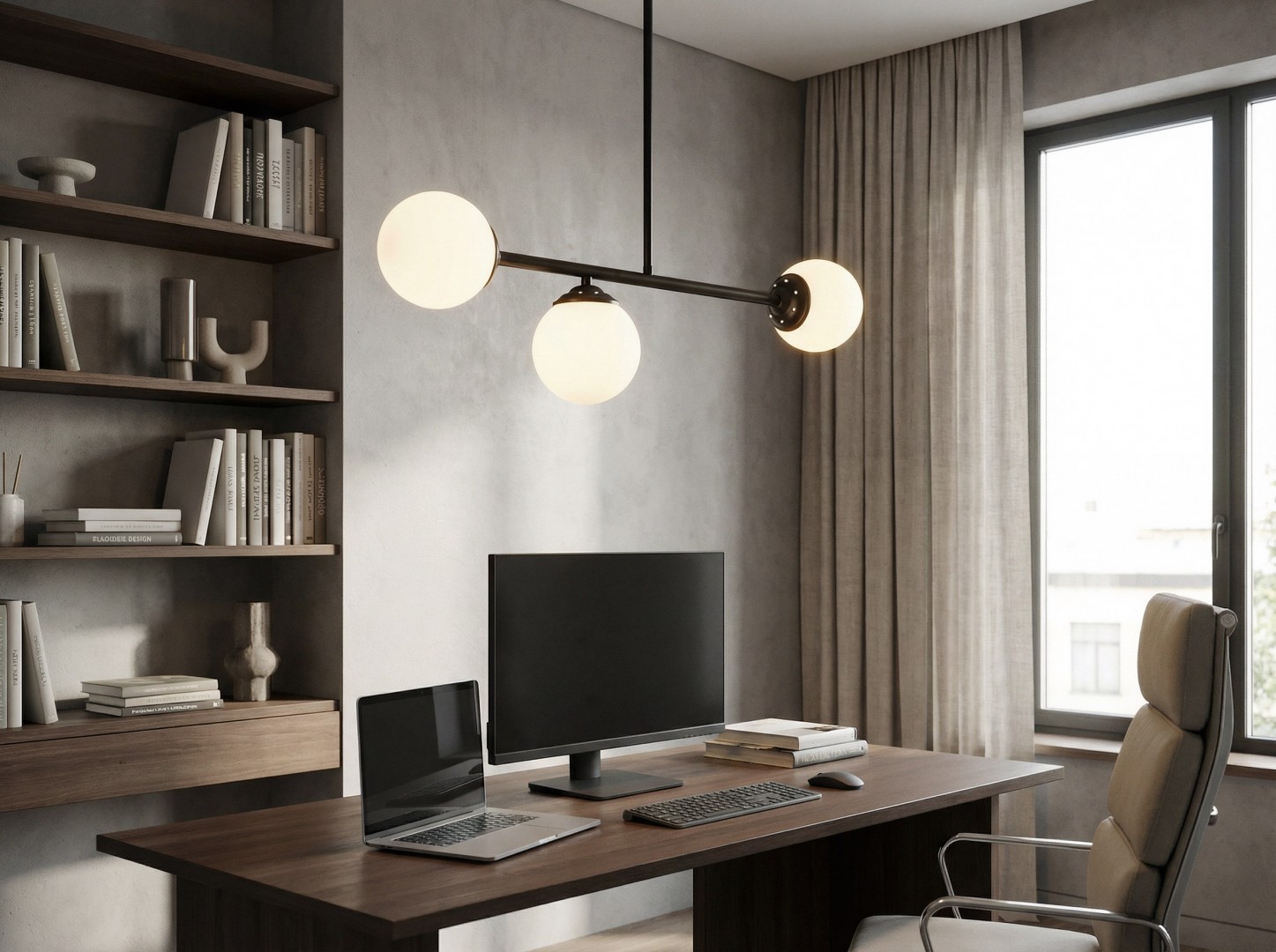 czarna lampa wisząca sufitowa z trzema kulistymi kloszami minimalistyczne oświetlenie gabinetu Lampit model Fino W3
