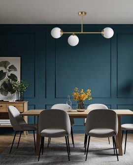 nowoczesna lampa wisząca sufitowa w kolorze szczotkowanego złota mleczne kule nad stołem producent Lampit model Fino W3