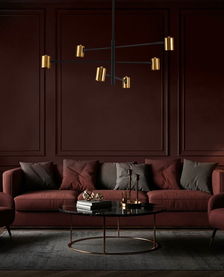 designerska lampa wisząca sufitowa czarny stelaż i złote klosze eleganckie oświetlenie jadalni Lampit DORA W6