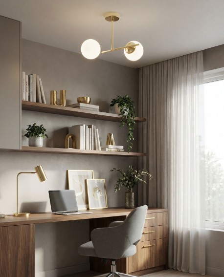 lampa sufitowa wisząca LED zamontowana nad biurkiem złota konstrukcja z dwoma kulami aranżacja wnętrza lampit LEDO W2