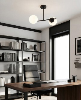 lampa sufitowa wisząca LED czarna z dwiema kulami zamontowana w gabinecie nowoczesne oświetlenie od lampit LEDO W2