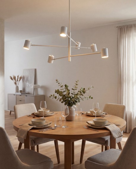 lampa sufitowa wisząca biała z sześcioma punktami światła nad stołem jadalnianym ciepła aranżacja lampit DORA W6