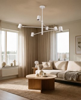 lampa sufitowa wisząca biała z rozłożystymi ramionami i tubami świetlnymi jasne wnętrze salonu lampit DORA W6