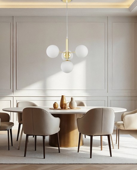 szlachetna lampa wisząca złota z harmonijnym układem kul eleganckie dopełnienie strefy dziennej lampit LEDO W4