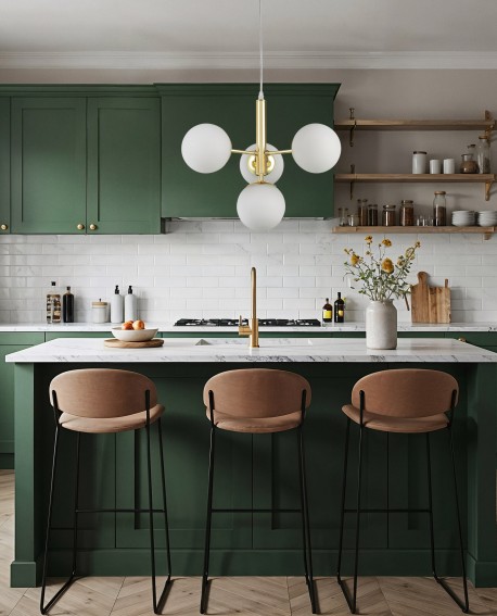 dekoracyjna lampa wisząca złota z trio szklanych kul spokojne światło nad wyspą kuchenną producent Lampit