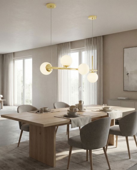 wisząca lampa sufitowa w klasycznym złocie z mlecznymi kulami funkcjonalne światło do jadalni lampit LEDO W4
