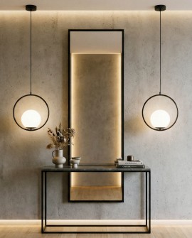 architektoniczna lampa sufitowa wisząca czarna z okręgiem i kulistym kloszem podkreślająca strefę wejścia lampit X1 D15