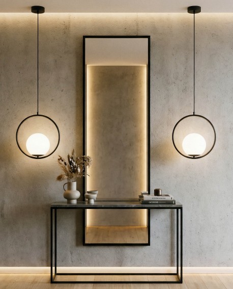 architektoniczna lampa sufitowa wisząca czarna z okręgiem i kulistym kloszem podkreślająca strefę wejścia lampit X1 D15