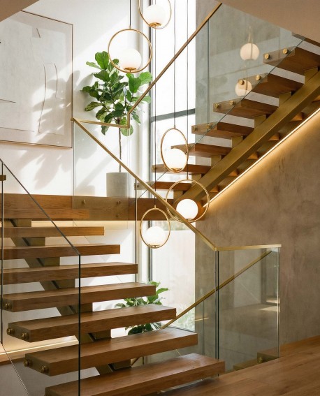 lampa wisząca klatka schodowa z białym kloszem w złotym kole Vero pokazuje model 1A w wysokim wnętrzu