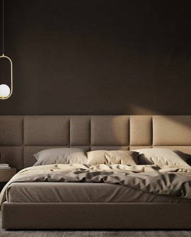 lampa wisząca do sypialni z podłużną złotą ramą i białą kulą Lampit prezentuje model Vero 1B przy łóżku