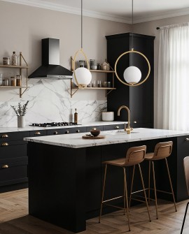 wiszące oświetlenie sufitowe z trzema oprawami w szczotkowanym złocie Lampit ukazuje serię Vero 1A w kuchni