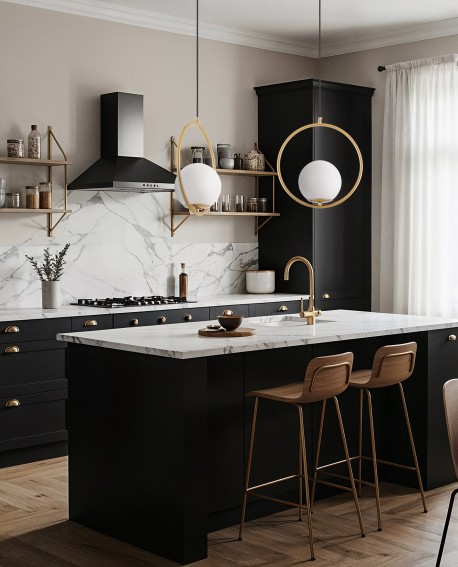 wiszące oświetlenie sufitowe z trzema oprawami w szczotkowanym złocie Lampit ukazuje serię Vero 1A w kuchni