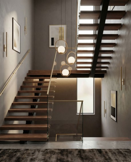 wiszące oświetlenie sufitowe na schody z metalowym okręgiem i mlecznym kloszem Lampit ukazuje serię Vero 1A w domu