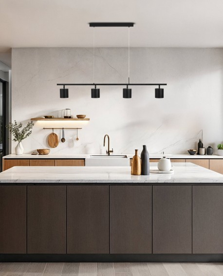 wiszące oświetlenie sufitowe czarne z metalowymi cylindrami nad blatem Lampit eksponuje wariant BOLT W4