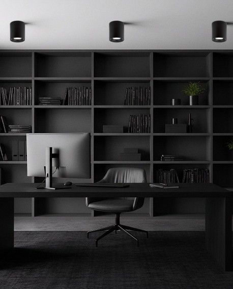 nowoczesny spot natynkowy tuba czarna z prostą obudową Lampit podkreśla projekt NURI W1 do gabinetu