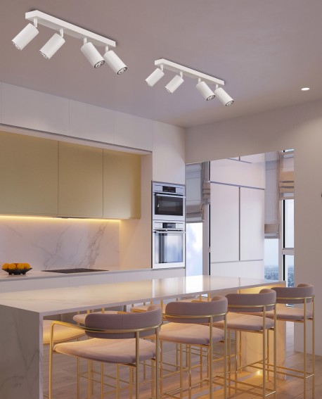 spot lampa sufitowa biała nad wyspę kuchenną z czterema reflektorami Lampit prezentuje nowoczesny wariant NEO W4