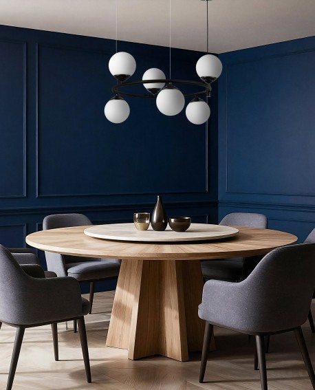 dekoracyjna lampa wisząca z okrągłą ramą i białymi kulami nad stół producenta Lampit stylowy projekt FINO RING W6