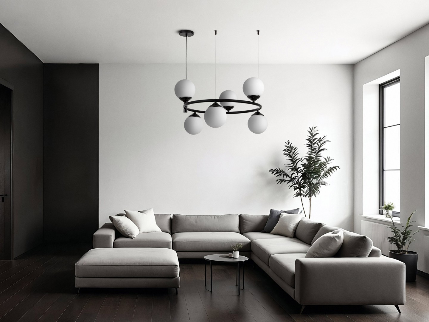 nowoczesna lampa wisząca ring nad strefą wypoczynku z kulistymi kloszami Lampit ukazuje dekoracyjny wariant FINO RING W6