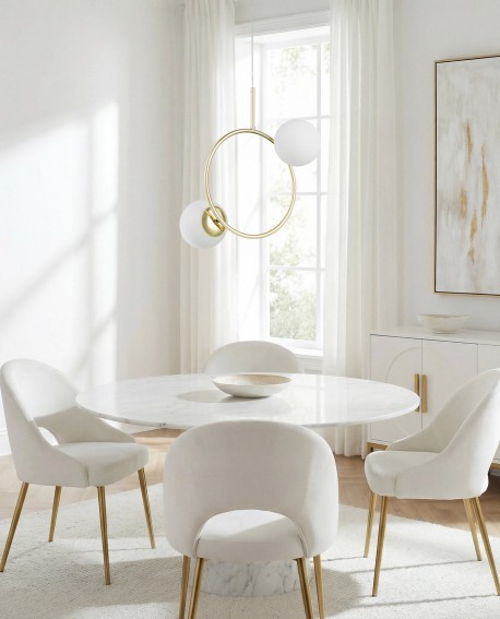 złota lampa ring z mlecznymi kloszami delikatny akcent nad stół 