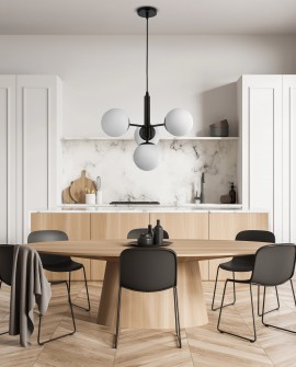 lampa wisząca LEDO W4 z czterema białymi kulami nad drewnianym stołem w salonie