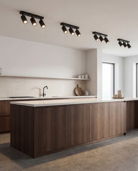 eleganckie oświetlenie LED Lampit w czarnych reflektorach sufitowych, oświetlające minimalistyczną kuchnię
