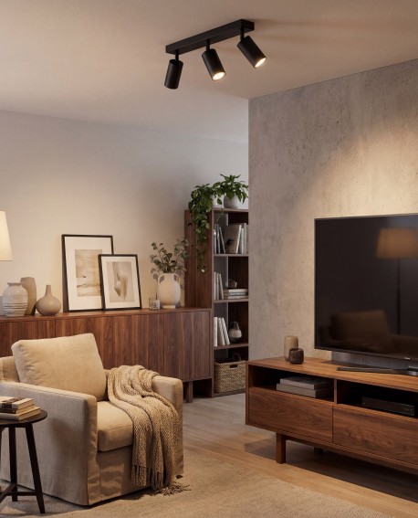 czarna lampa sufitowa spot Lampit do salonu zapewnia przyjemne strefowe światło i podkreśla aranżację wnętrza