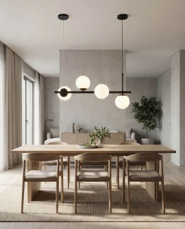 nowoczesna czarna lampa Lampit nad stołem w jadalni cztery szklane kule dają miękkie światło i stylowy efekt