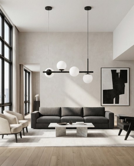 designerska lampa wisząca Lampit do salonu czarne wykończenie i kuliste klosze podkreślają charakter wnętrza