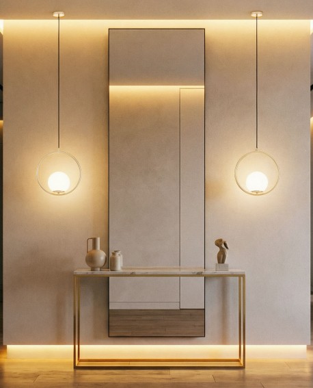 minimalistyczna lampa wisząca Lampit złota forma z kulistym kloszem podkreśla styl glamour i nowoczesny charakter