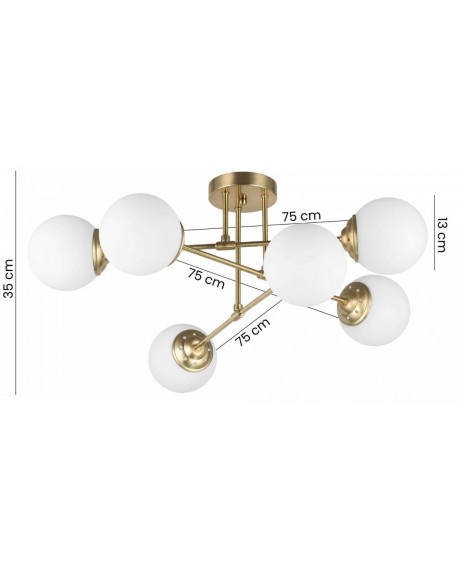 żyrandol sufitowy z sześcioma kloszami z białego szkła ramiona szczotkowane złoto szerokość 75 cm wysokość 35 cm FINO W6 Lampit