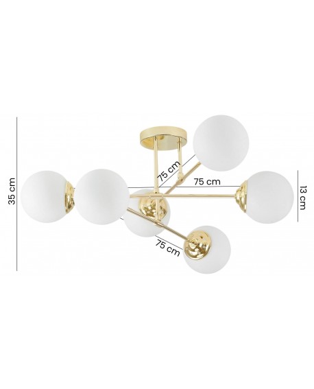 lampa sufitowa wisząca z sześcioma opalowymi kulami metal klasyczne złoto szerokość 75 cm wysokość 35 cm FINO W6 Lampit