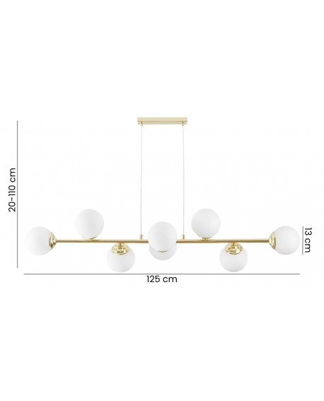 lampa wisząca złota z ośmioma białymi kloszami z regulacją wysokości na linkach pokazany zakres 20–110 cm Lampit Fino W8